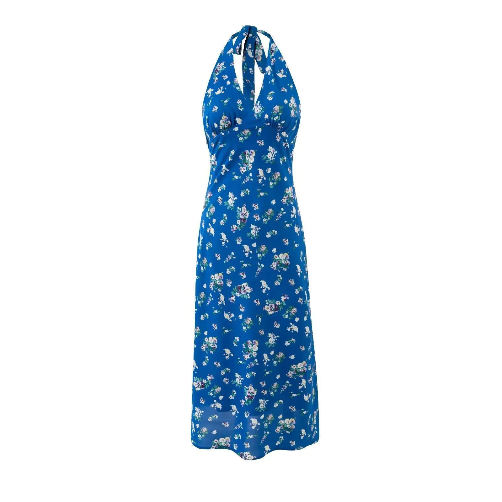Blaues Blumenkleid im Strandurlaubsstil für Damen, Sommerkleid mit französischem V-Ausschnitt und Neckholder, elegantes, schlankmachendes, rückenfreies Kleid 9TI2