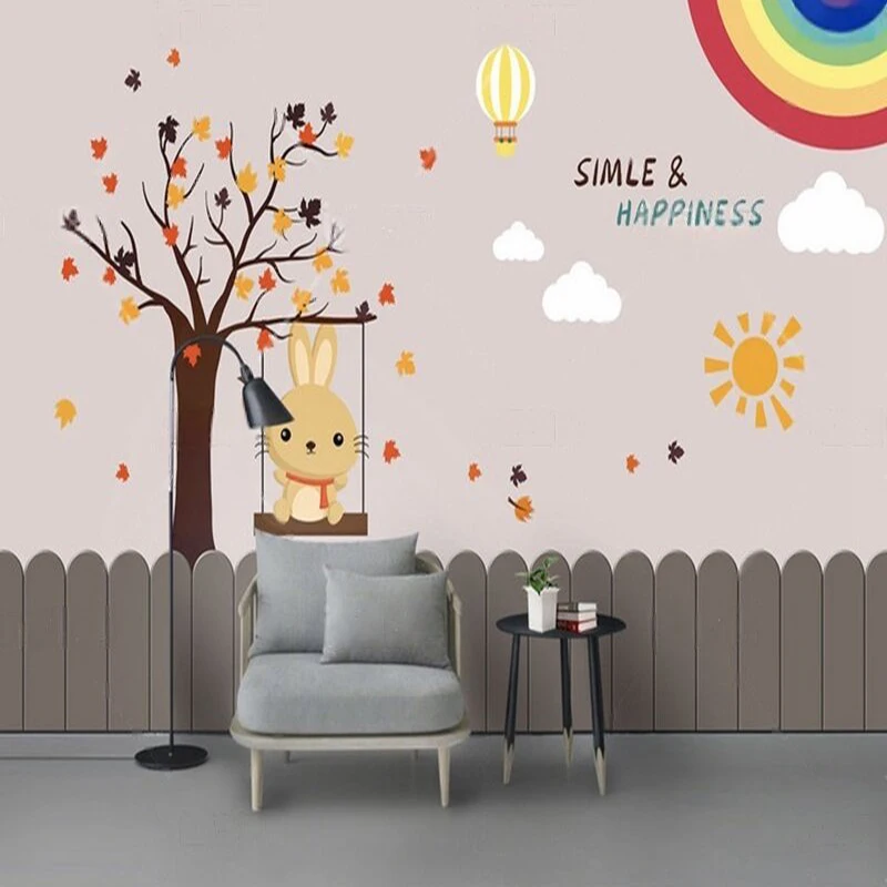 Cartoon children's room cute swing rabbit rainbow TV luxurious home decoration bedroom background wall
