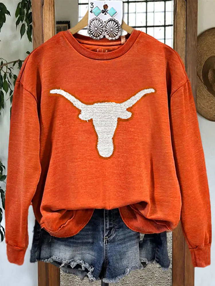 Casual Long Horns Sweatshirt Not Embroidery