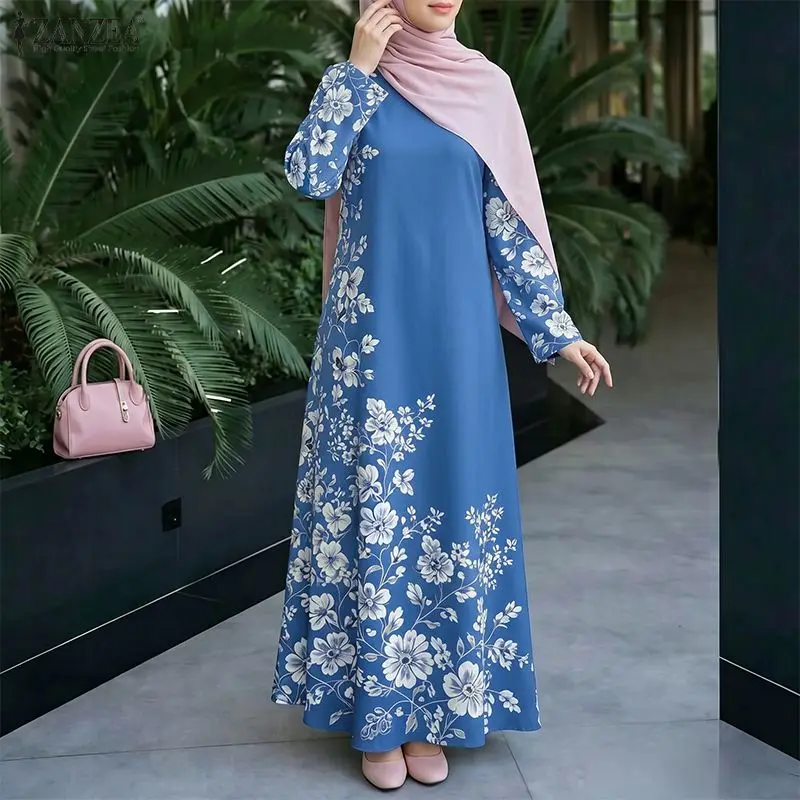 ZANZEA Muslim Abaya Women Floral Print Maxi Dresses O Neck Long Sleeve Loose Ramadan Sundress IsIamic Robe Casual Kaftan Vestido