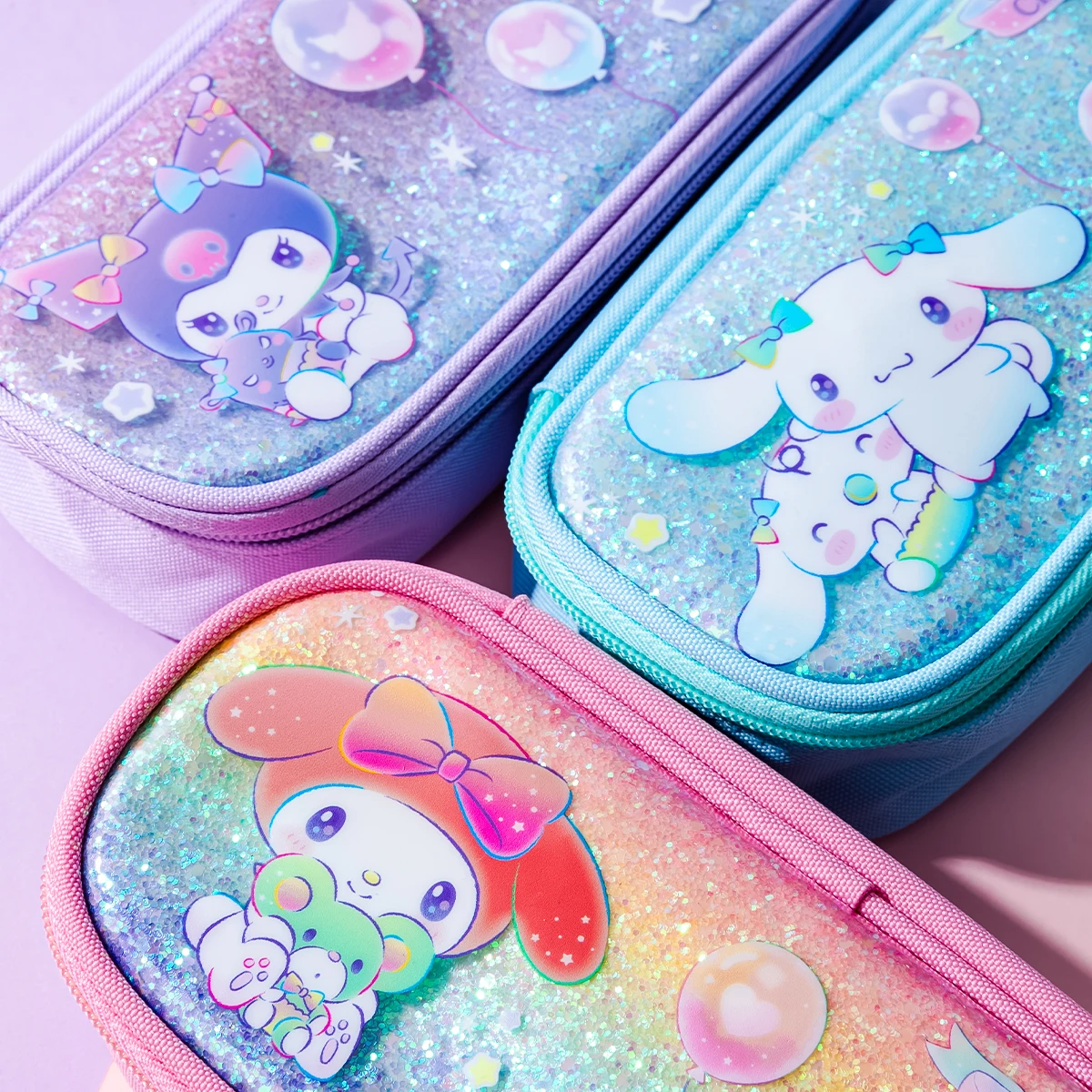 Sanrio Cute Student Stationery Fabric Large Capacity Pencil Case Gir Sequin Dazzling Double Storage Bag Kawaii Kuromi Stationery