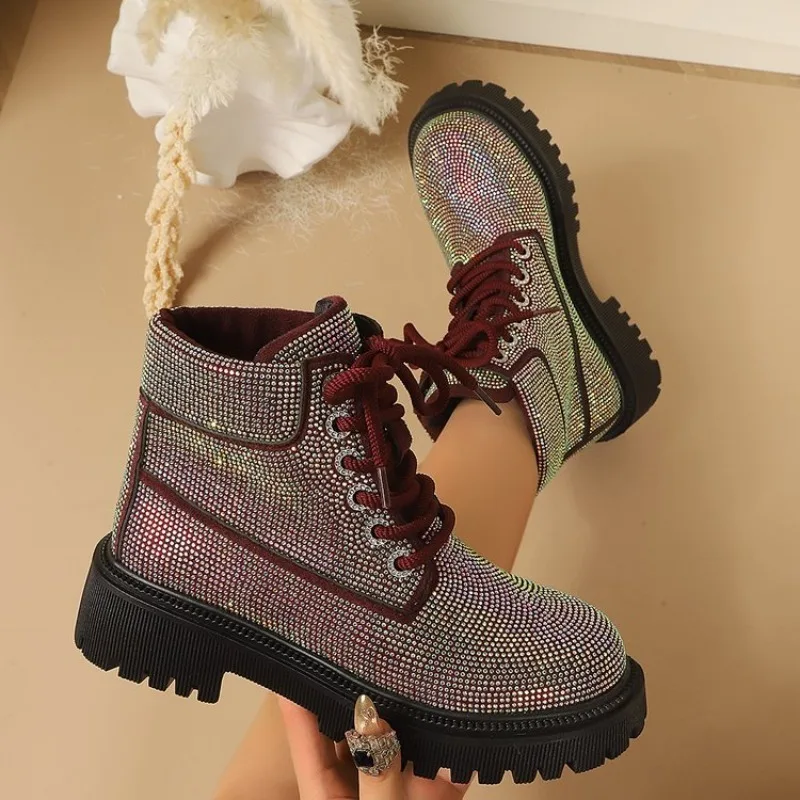 2026 Women's Autumn New Water Diamond Round Head Strap Short Boots Thick Bottom Sponge Cake Fashion Boots