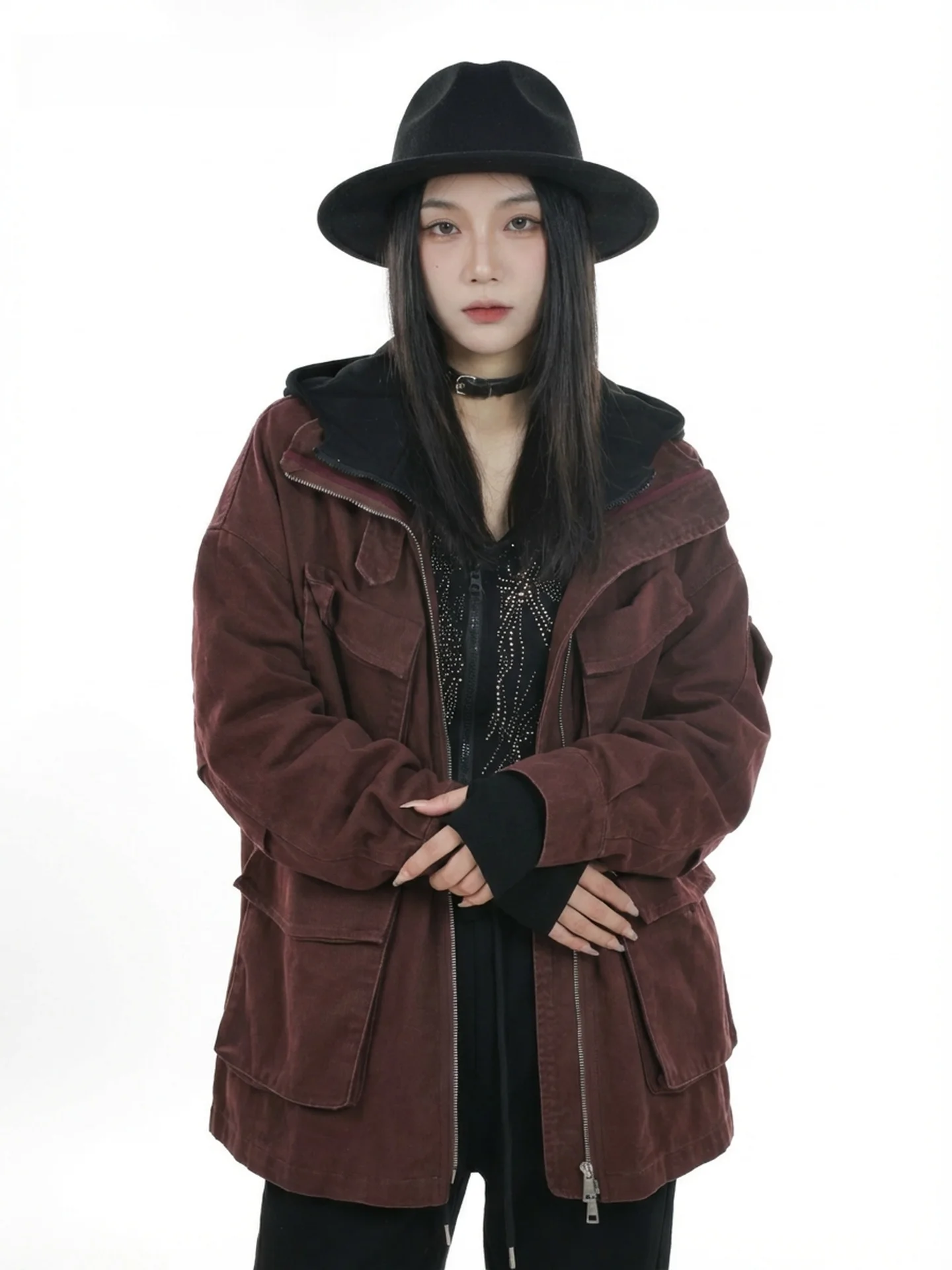 

Повседневное свободное женское пальто средней длины в винтажном рабочем стиле, цвета Rich Earth Red, весеннее, из хлопка