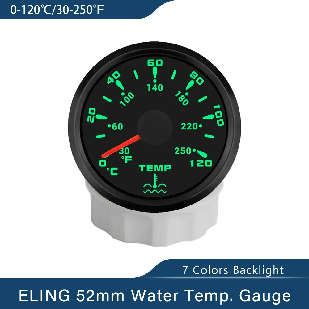ELING 52mm Water Temp Meter 0-120℃/30-250℉ Temperature Gauge Indicator with 7 Colors Backlight for Boat Car Motorcycle 9-32V