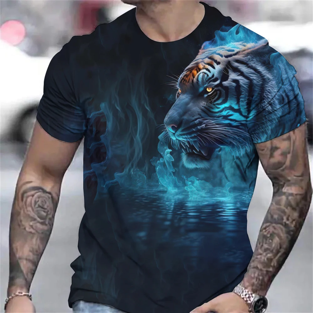 Tiger Print T-Shirt 3D Animal Men's Shirts Summer Short Sleeved Male Pullover Oversized T-shirts Casual Tops Tees Men Clothing
