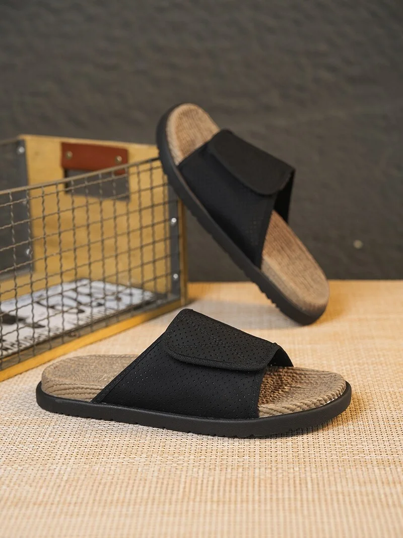  Men's Summer Outdoor Sandals Trendy Magic Tape Woven Anti-slip Beach Sports Slippers Casual Canvas Slip-On Shoes