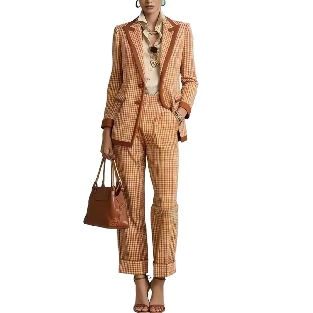 Plaid Long Sleeve Set with Full Length Pants Graceful Elegant Women Suit Jacket Top Autumn Plaid Pattern Structured Tailoring
