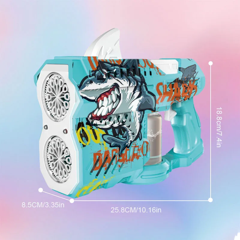 O popular brinquedo americano, a versão Glowing Shark da pistola de bolhas de cano duplo com um focinho de bolhas brilhante, é adequado para