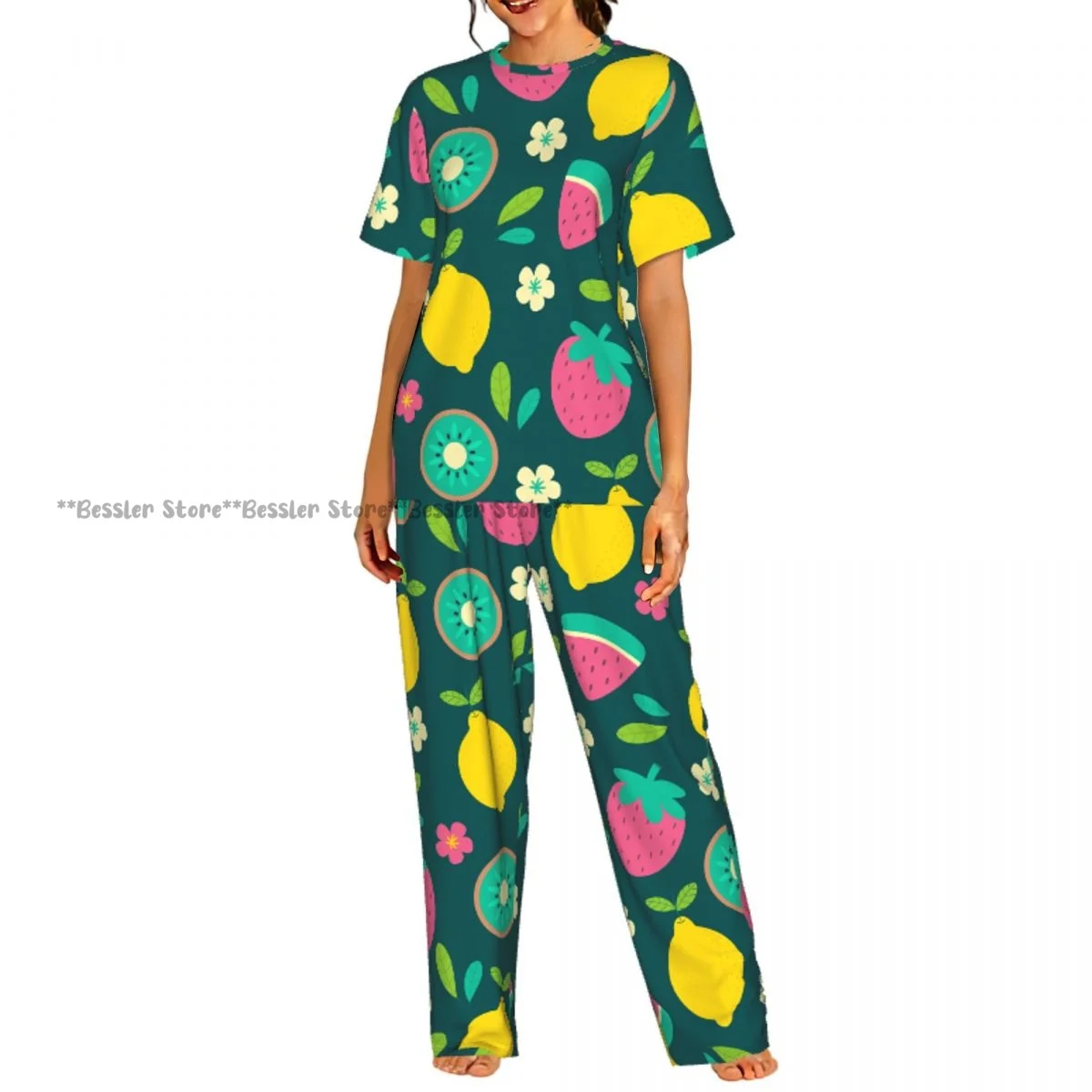 

Женский комплект пижамы с короткими рукавами и брюками в тропическом стиле