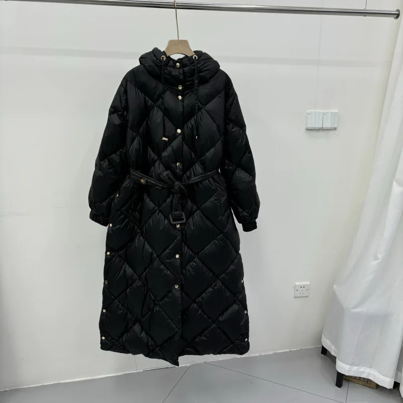 Schinteon Women White Duck Down X-Long Jacket Autumn Winter Warm Office Lady Outwear with Hood Belt Argyle Fashionable Coat 2025