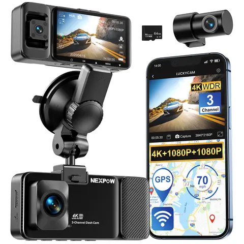 NEXPOW 4K 3 Channel Dash Cam, 4K+1080P+1080P Front Inside and Rear Dash Camera, Voice Control, WiFi, WDR Night Vision, GPS, 24H