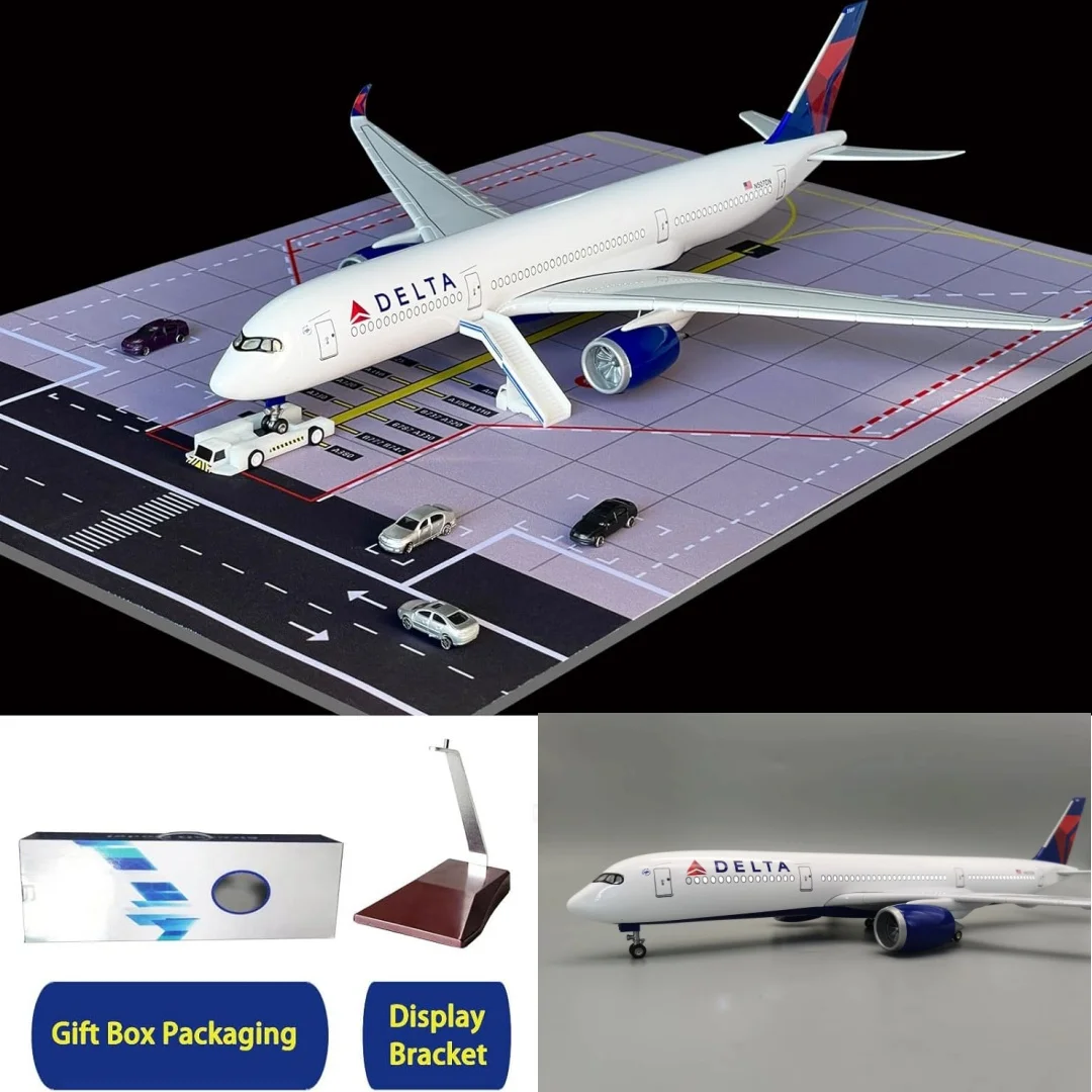 350 Delta Airways Plane 47cm Aviation Airplane W Landing Gear & Light A350 Diecast Resin Static Aircraft Collection Display