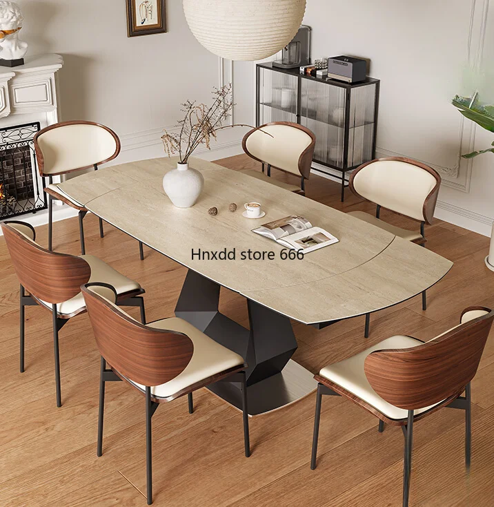 Retractable carbon steel Calais travertine rock slab dining table and chair combination