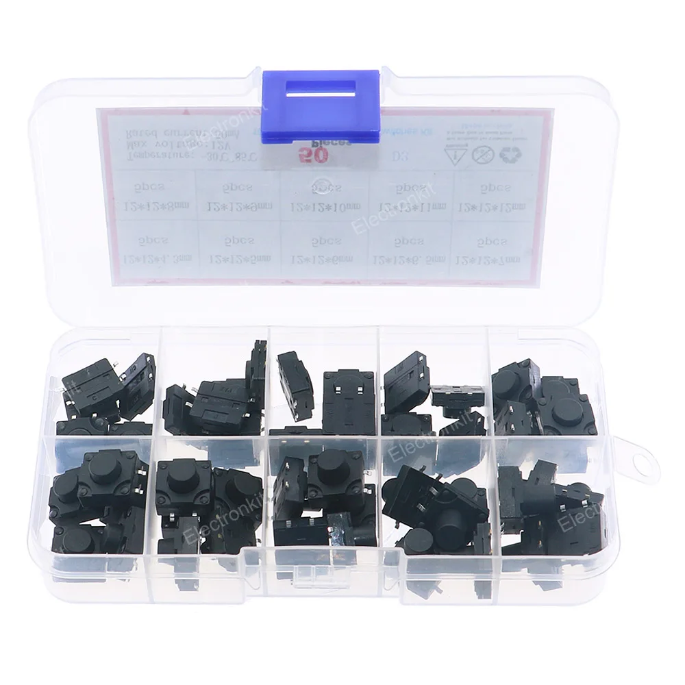 50pcs 10Value 12x12mm 4.3mm-12mm Waterproof Tact Switch Button Dustproof Micro Switch Assorted kit