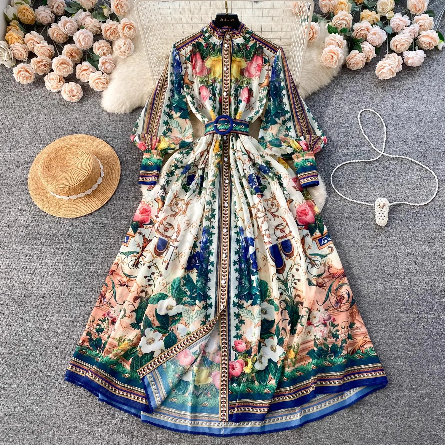 

Retro Prairie Chic Print Maxi Dress Women Spring Summer Stand Long Lantern Sleeve Dress With Belt Elegant Party Robe Vestidos