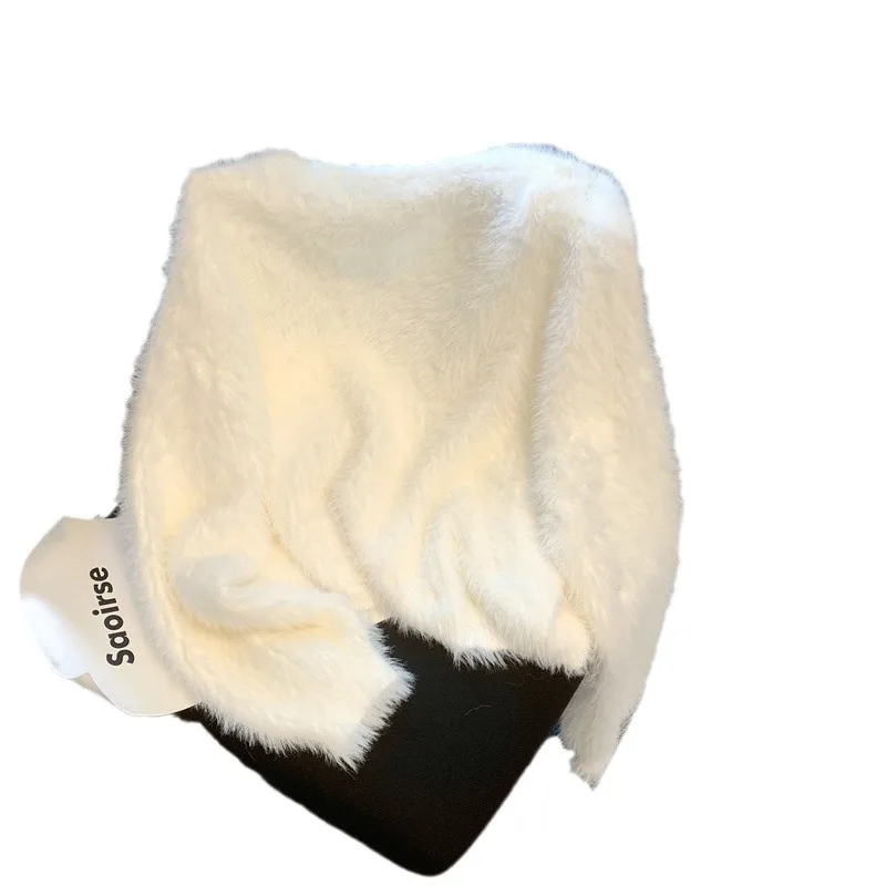 Kardigan Rajut Bulu Mink V-neck Wanita Mantel Bulu Kuda Poni Wanita Musim Gugur dan Musim Dingin Pakaian Luar Berbulu