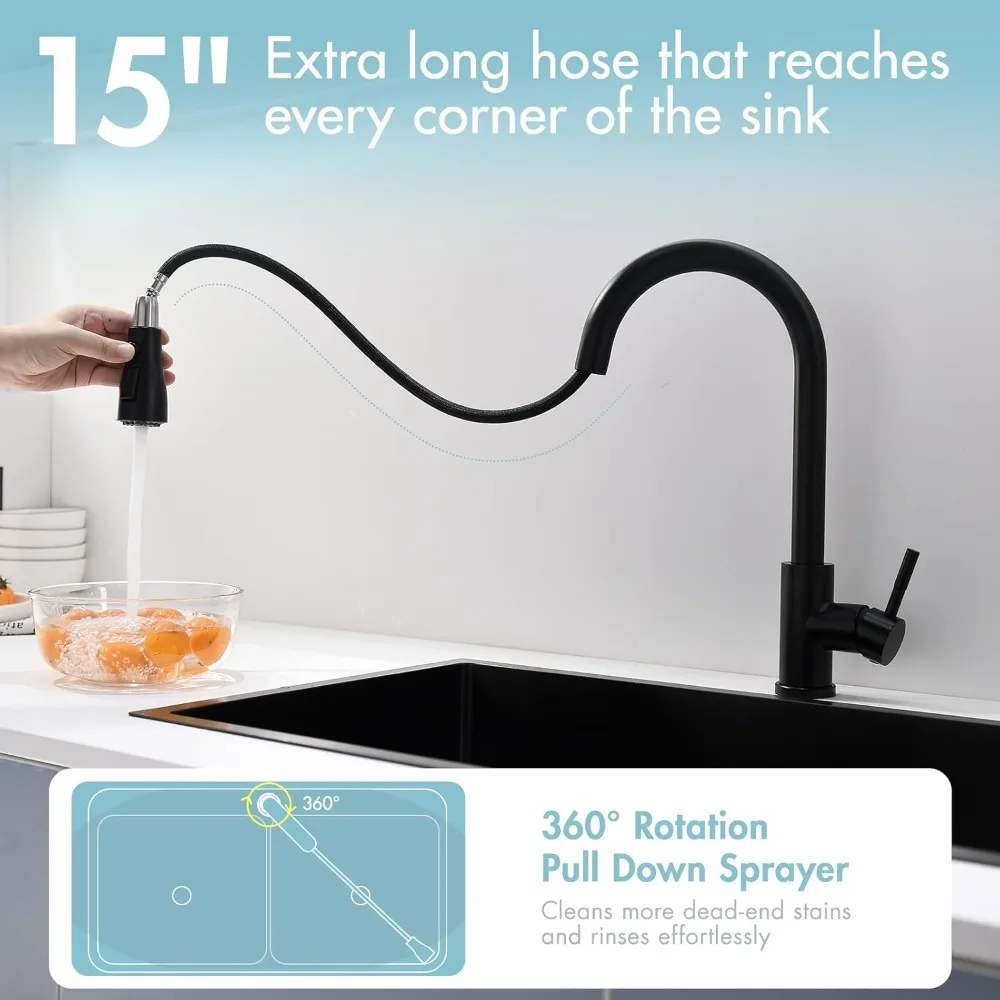 صنبور مطبخ أسود مع بخاخ منسدل، صنبور حوض بفتحة واحدة للمزرعة RV في الهواء الطلق #5