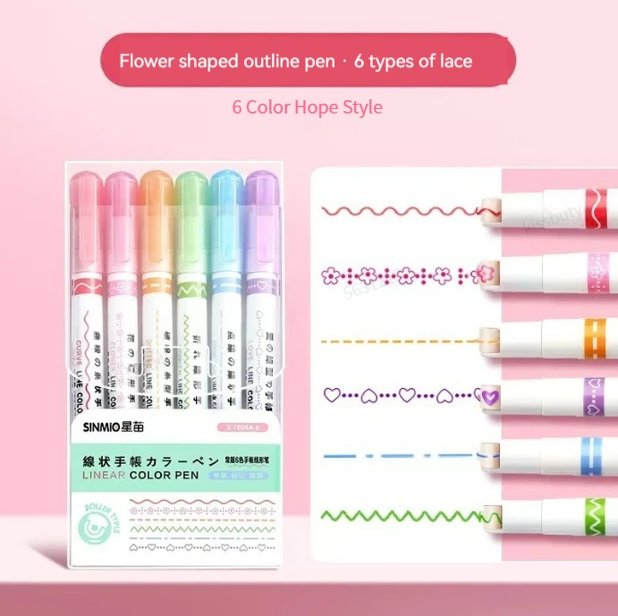 6pcs Curve Liner Roller Highlighter Pens