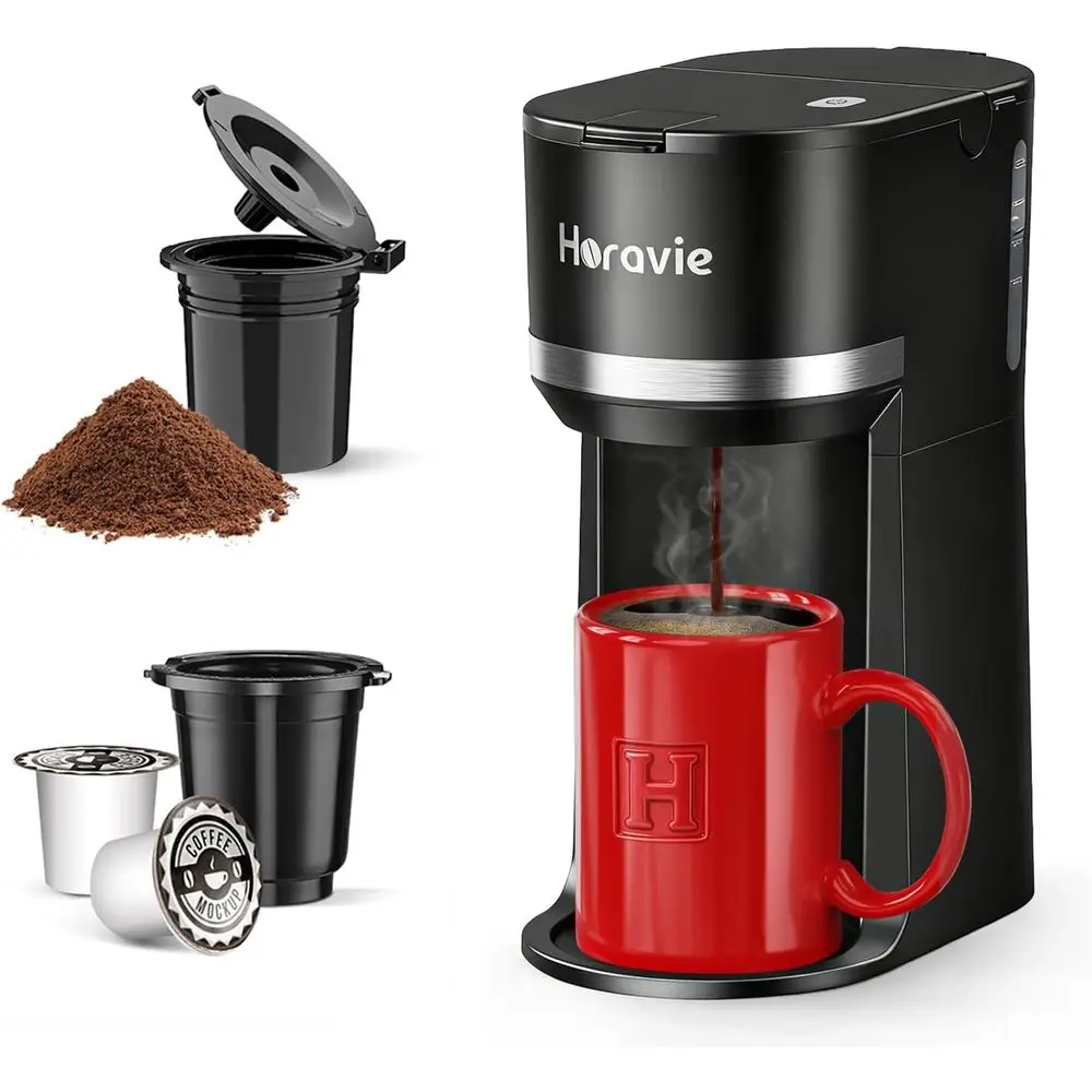 

Мини-кофеварка для одной порции, совместимая с капсулами K-Cup и молотым кофе, с функцией быстрого приготовления одной чашки, напоминанием о необходимости очистки от накипи и индикатором уровня воды, на 6 чашек.