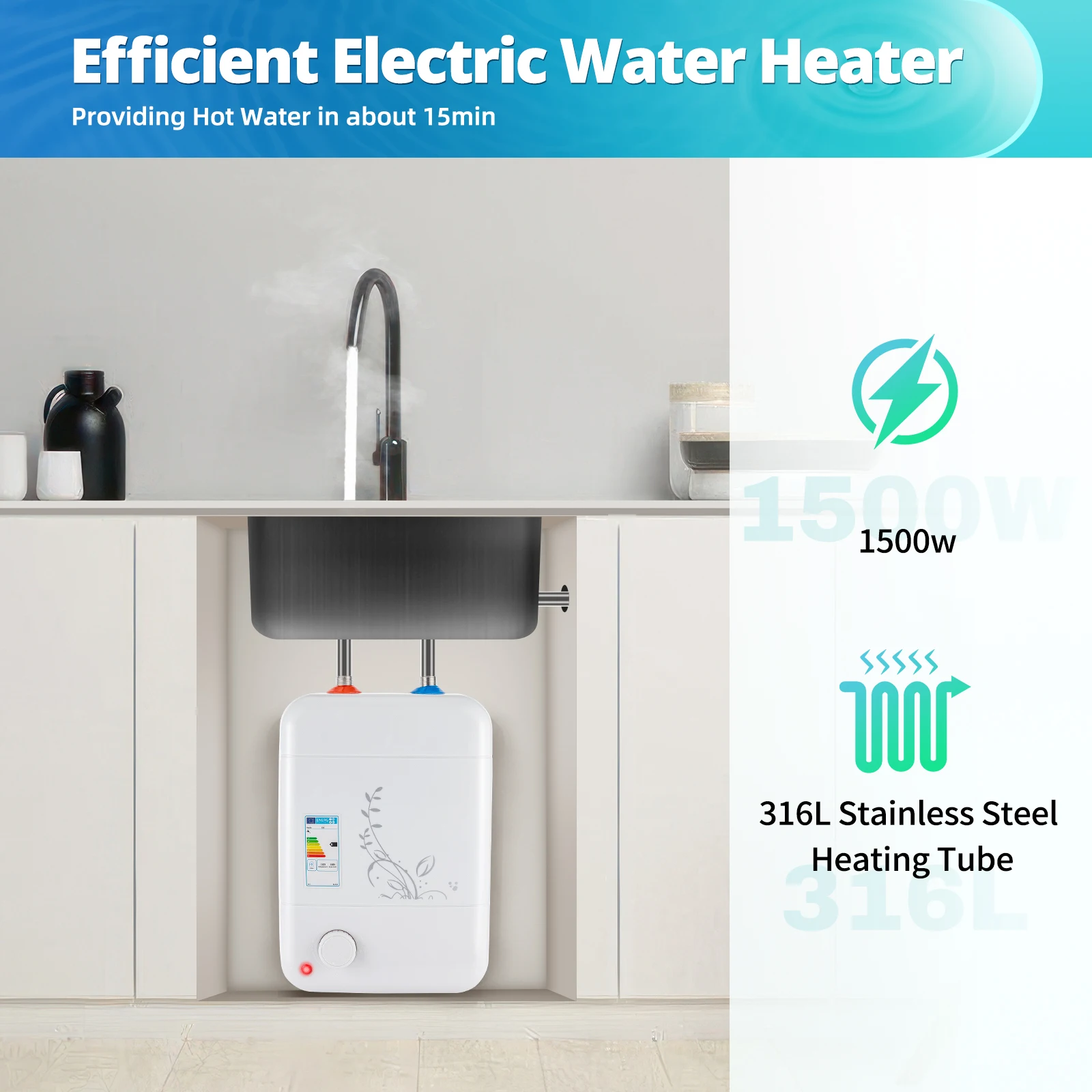 1500 W kleiner elektrischer Durchlauferhitzer, 8 l, Schnellheizung, Duschwasser-Heizgerät-Set für Küche, Zuhause, Badezimmer, Dusche
