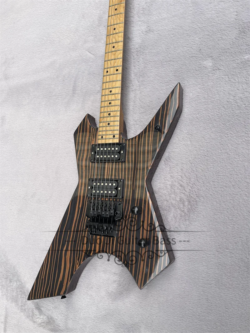 Zebra Wood Electric Guitar Roasted Flamed Maple Neck Tremolo Bridge HH Pickups Black Tuners