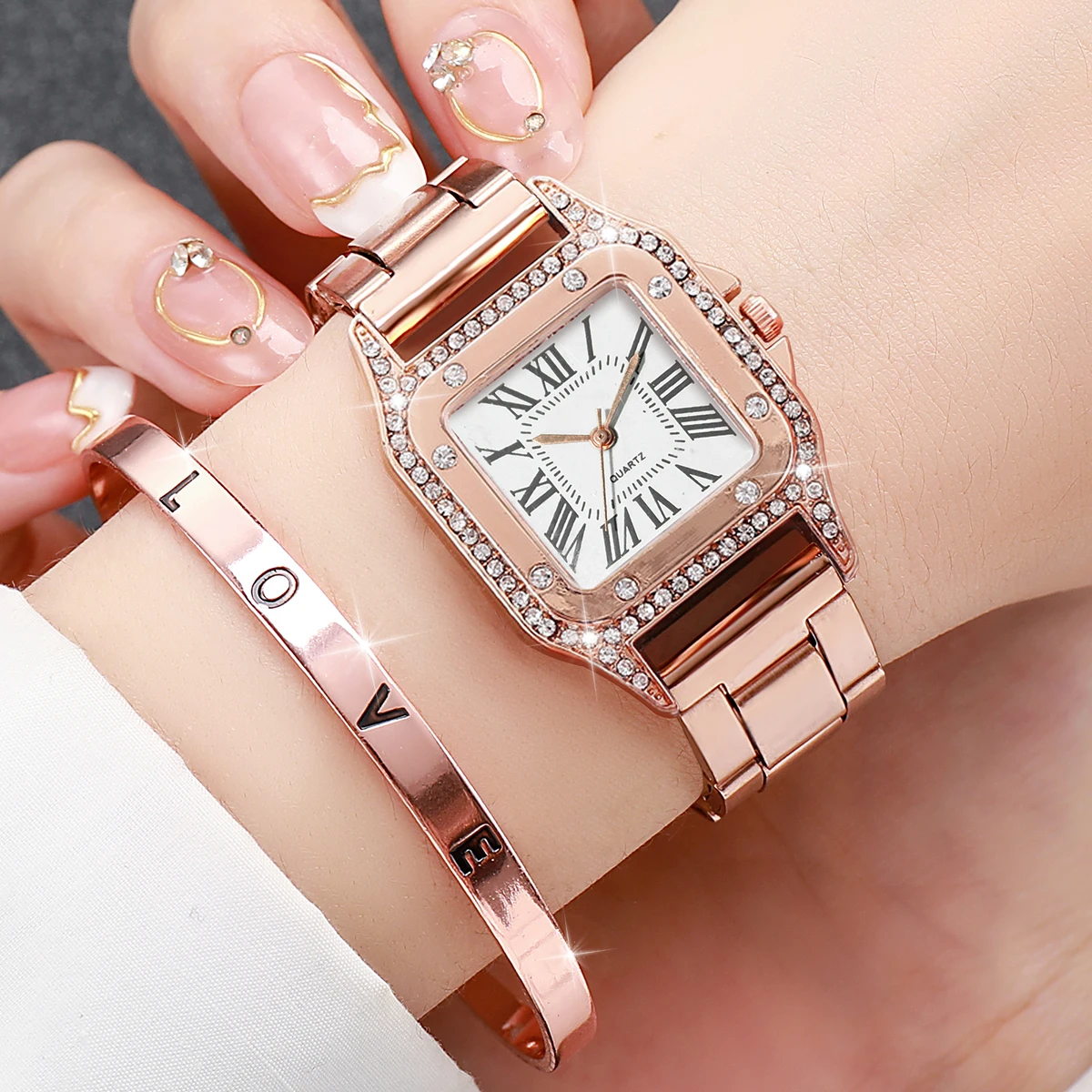 2PCS Fashion Square Women Watches Luxury Rhinestone Steel Band Ladies Quartz Watch Bracelet Set Reloj Mujer（Without Box）
