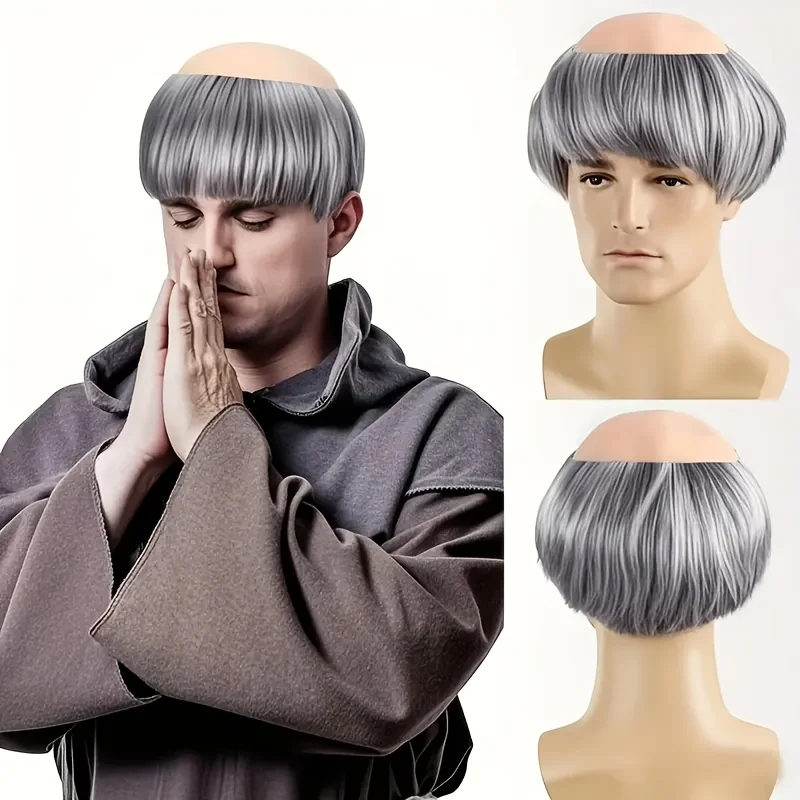 شعر مستعار الراهب المحلوق مع ضفائر بنية وفضية - شعر مستعار للبالغين للرجال، نمط مستقيم أنيق #3