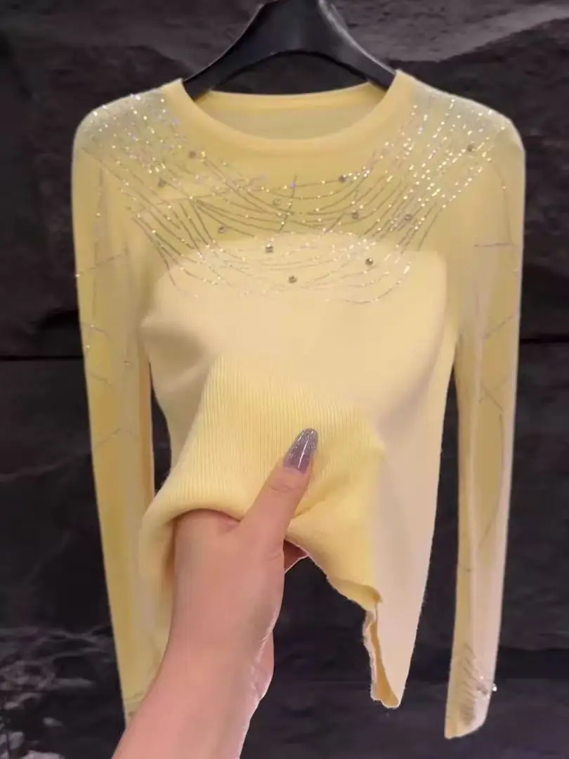 Sweater Rajut Mewah Bertabur Kristal Berkilau untuk Wanita, Musim Gugur Musim Dingin, Kerah Bulat, Warna Kuning, Atasan Rajut, Pullover