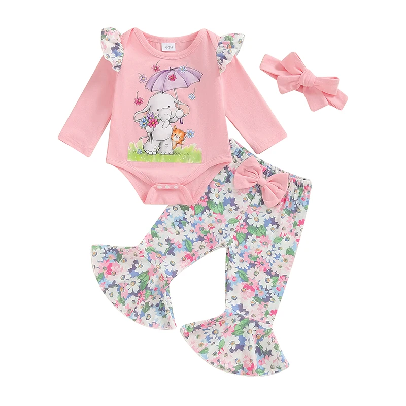 

Baby Girls Fall 3PCS Sets Long Sleeve Elephant Print Romper Floral Pants Headband Sets