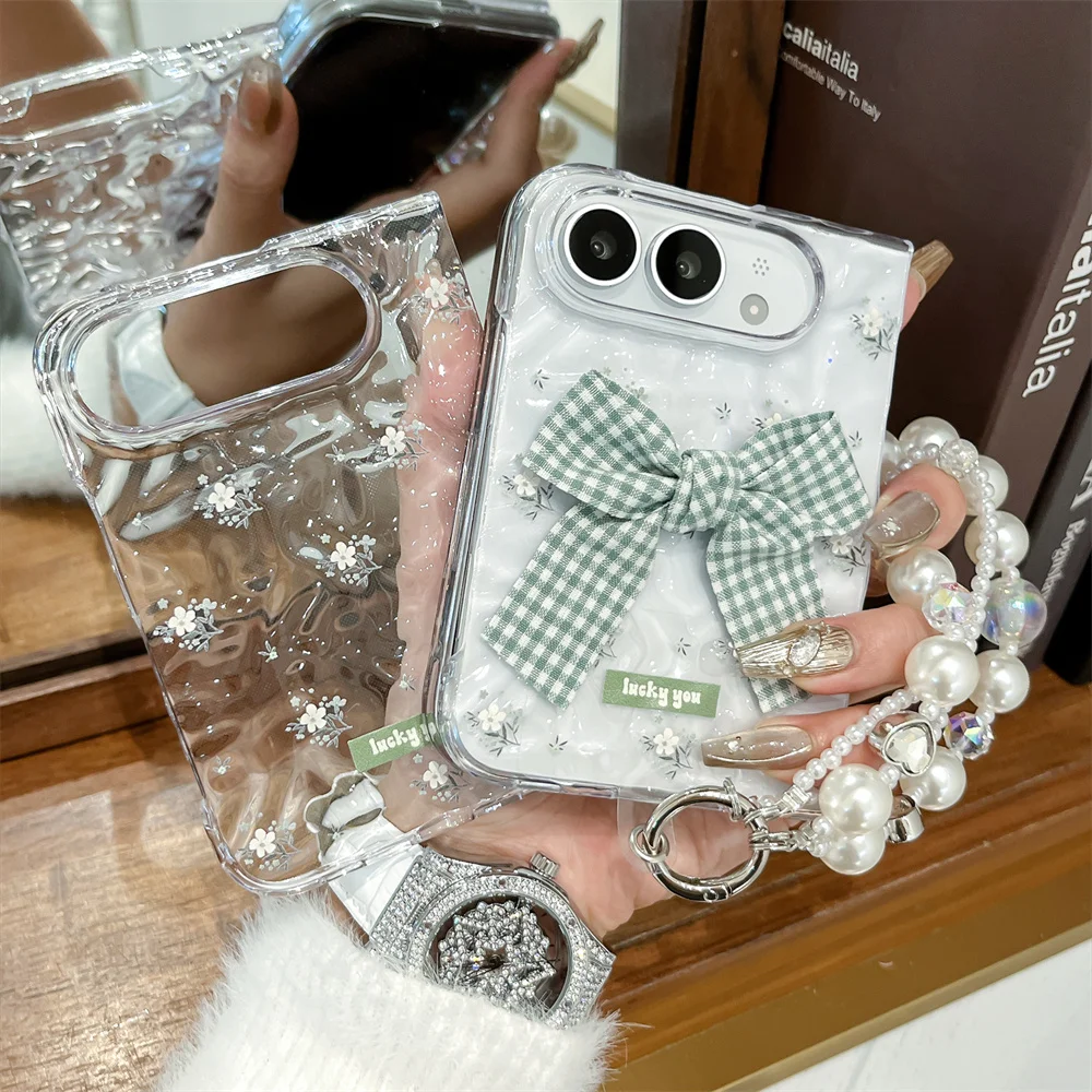 Cute 3D Plaid Bowknot Small Floral Phone Case For iPhone Ultra Fold Water‑Ripple Shell Pearl Shockproof Hard Cover For Girls
