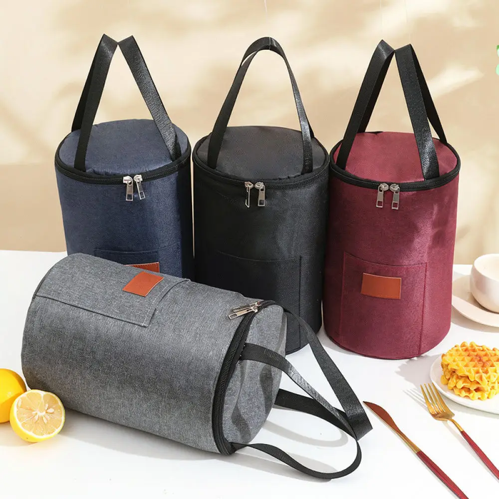 Waterproof Round Insulated Lunch Bag Oxford Fabric Thermal Food Pouch Portable Bento Organizer Case For Office Daily Commute