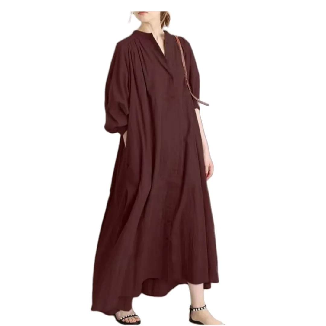 솔리드 컬러 코튼 린넨 오버니 드레스 2025 루즈핏 플러스 사이즈 셔츠 디자인 레트로 캐주얼 스탠드 칼라 플레어 베이스 레이어