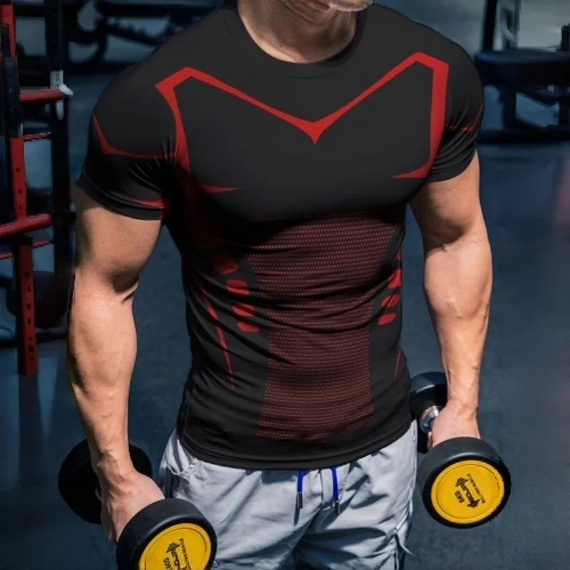 Men 3D Red Black Line Compression T Shirt Quick Dry Stretch Short Sleeve Gym Workout Muscle Fit Tees Running Training Athletic S
