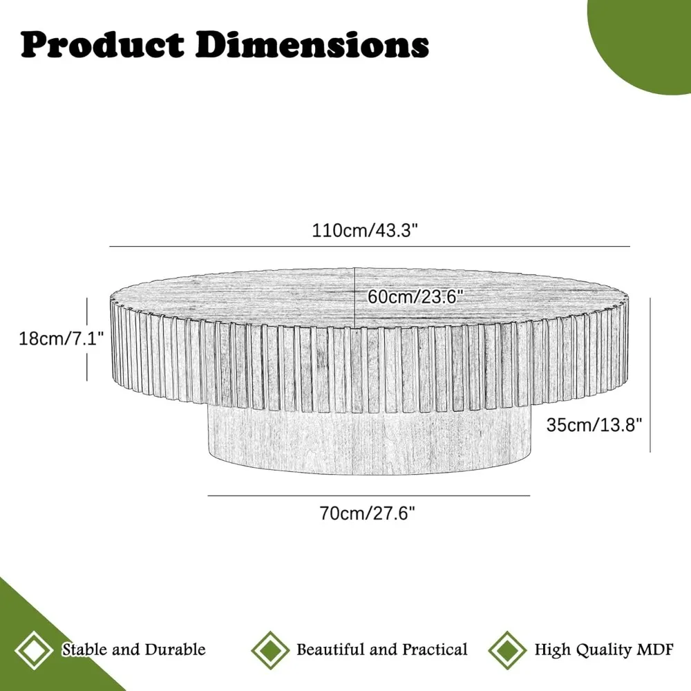 Modern Oval Fluted Coffee Table - Sturdy Pedestal Design, 43.3 Olive-Shaped Wood Drum Table for Living Room