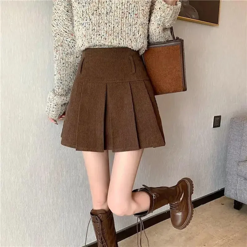 Brown Corduroy Pleated Skirt Women Teengirl Vintage High Waist A-line Mini Skirts Y2k Academia Clothes