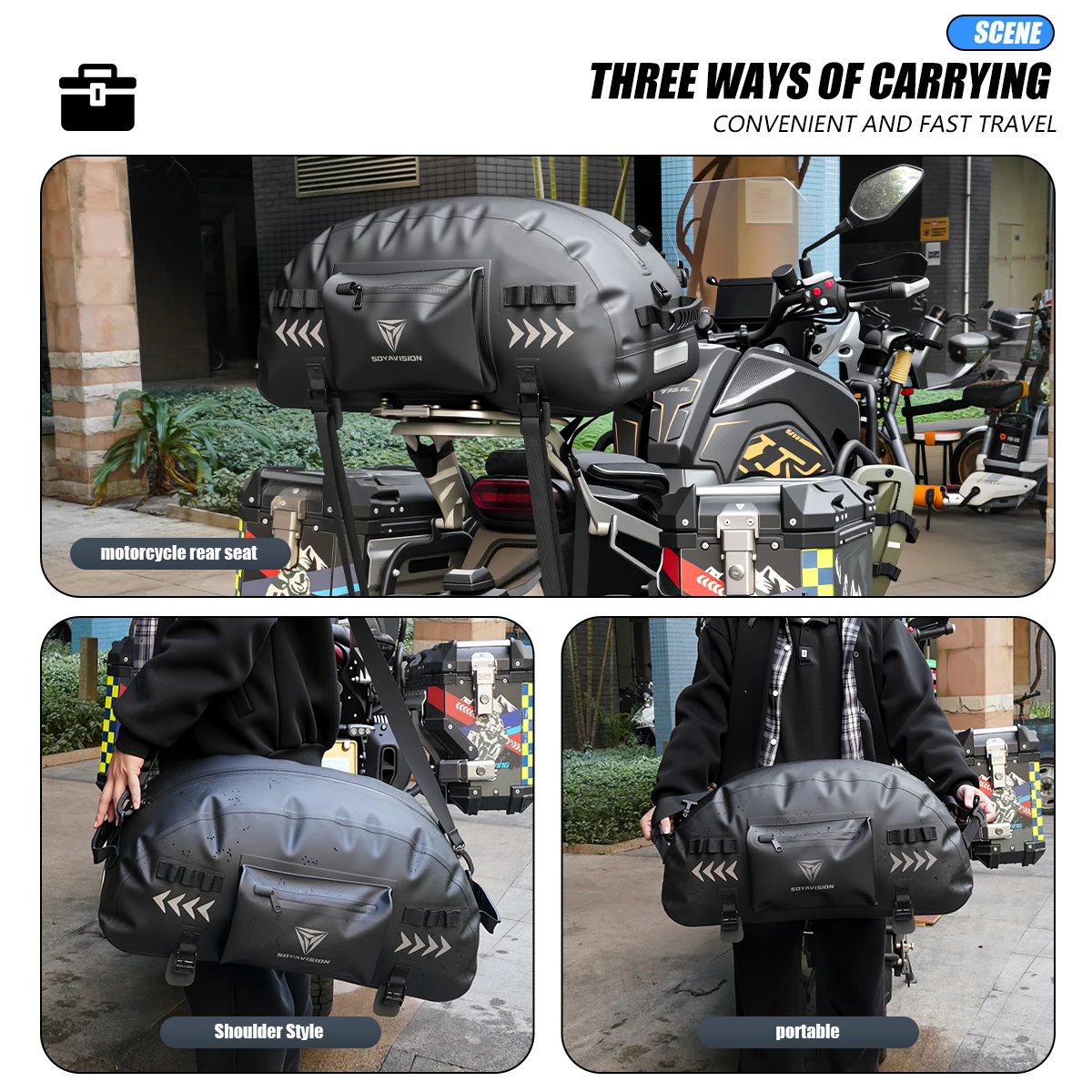 SOYAVISION Motorcycle Bag Waterproof Rear Seat Bag Durable Large Capacity Detachable Airtight zipper Bag