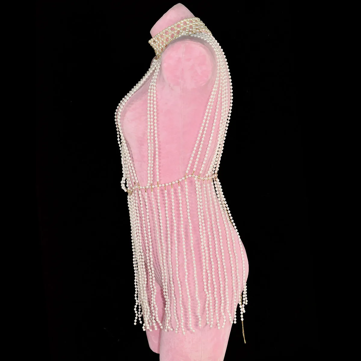 فستان كلاسيكي طويل مزين باللؤلؤ الصناعي أنيق مصنوع يدويًا من نسيج الخرز إكسسوارات عرض مسرحي سلسلة جسم الحفلات #5