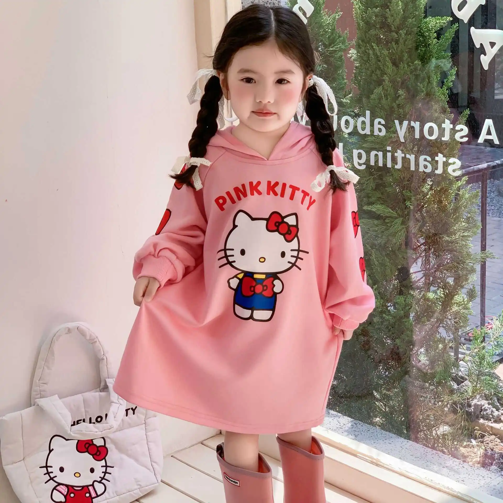 

Girl's Pink HelloKitty Long Hoodie Sweet Cute Cartoon Long Sleeved Hooded Pullover Spring Autumn 2025 New Children's Sweatshirt
