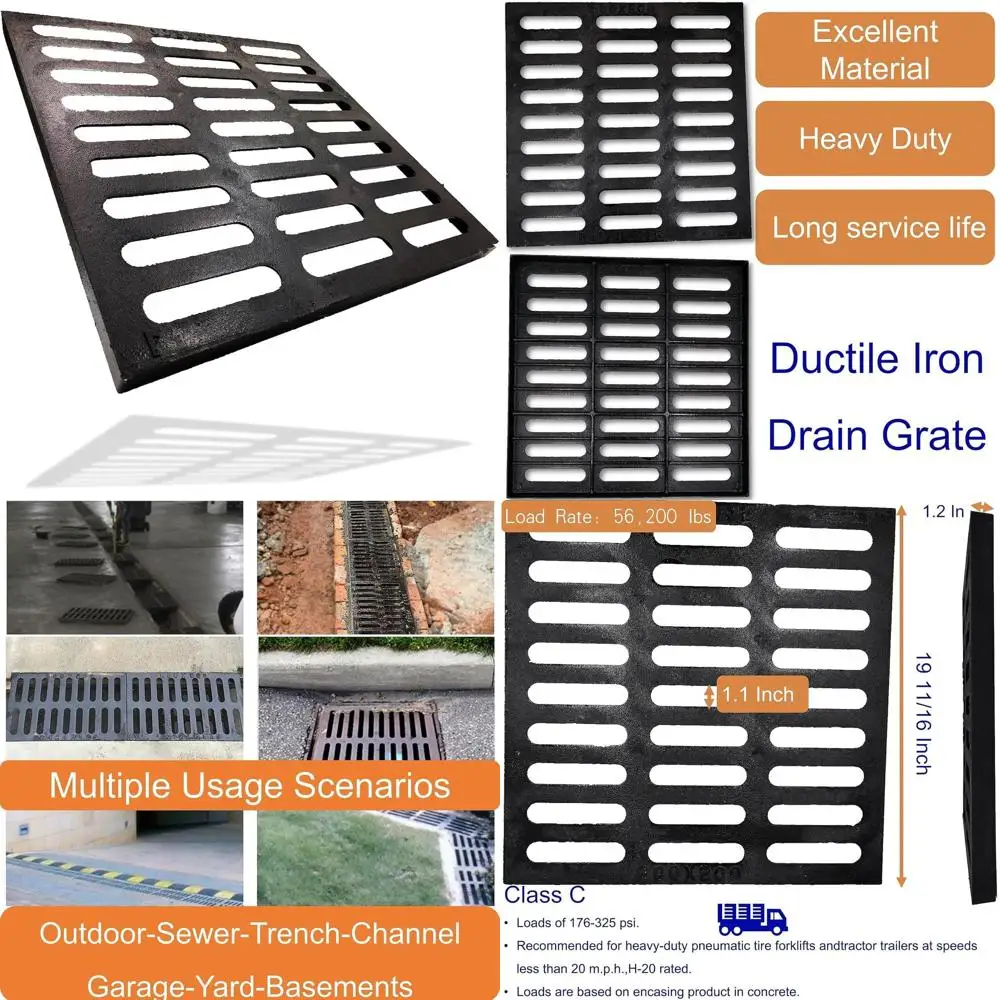

Heavy-Duty 20x20 Cast Iron Outdoor Drain Cover, C-Class Sewer Grate, Black Square for Driveways and Garages