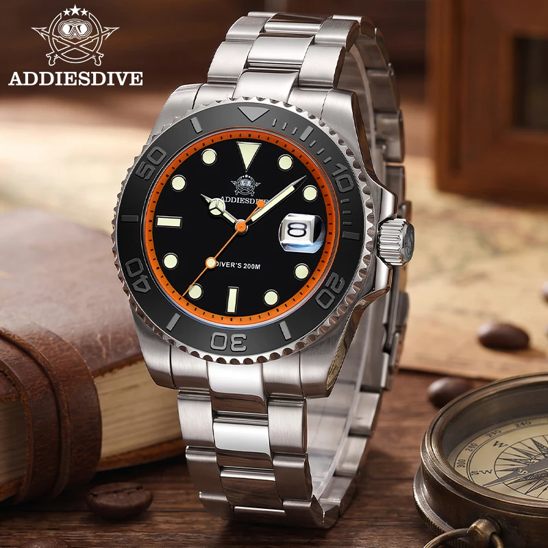 ADDIESDIVE 41mm Men's Dive Watch 200m Water Resistance Ceramic Bezel BGW9 Super LumiNova 316L Stainless Steel Men's Quartz Watch