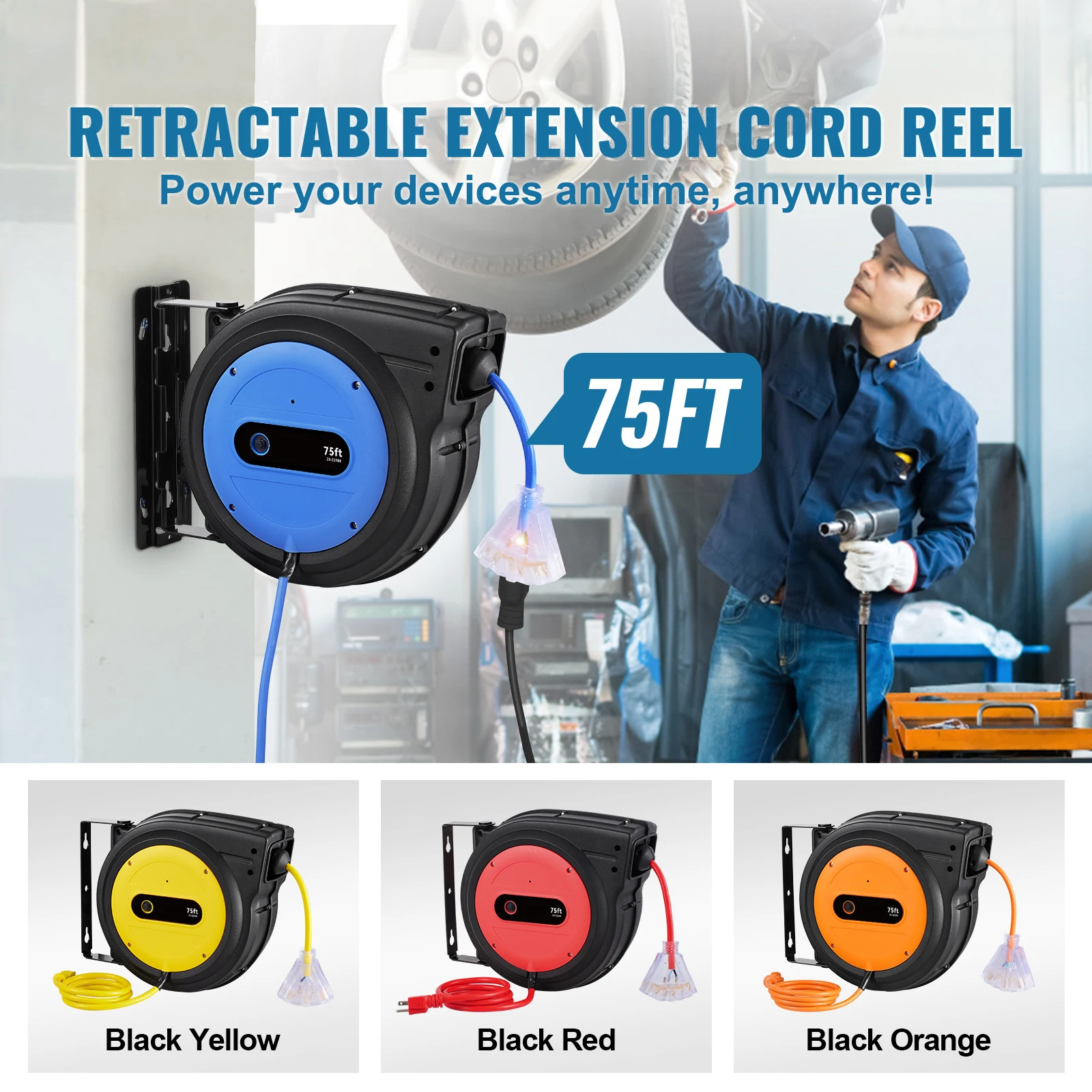 Retractable Extension Cord Reel, 75 FT, Heavy-Duty 14AWG/3C SJTOW Retractable Power Cord with Lighted Triple Tap Outlet, 13 Amp Circuit Breaker 180 °   Swivel Bracket for Ceiling or Wall Mount