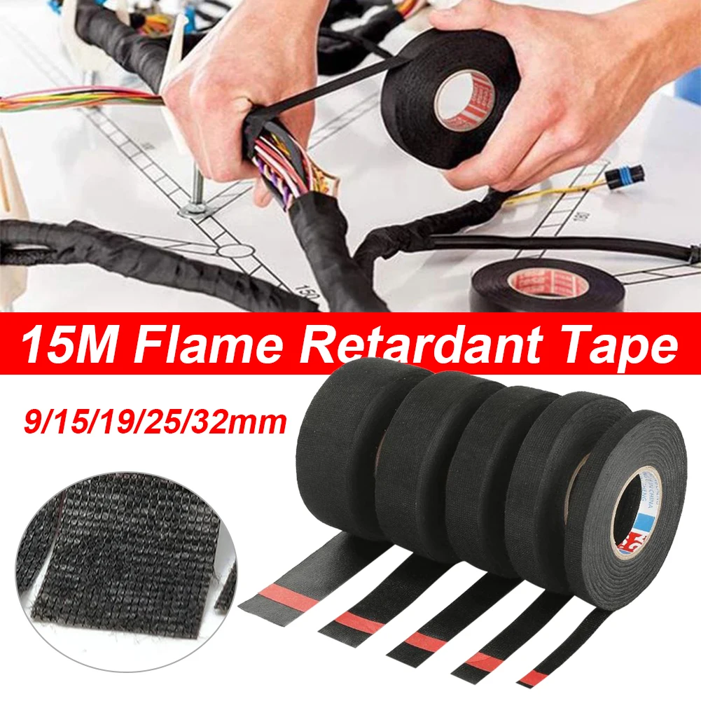 15M Heat-resistant Adhesive Cloth Tape for Car Cable Harness Wiring Loom Protection Electrical Tape Flame Retardant Fabric Tape