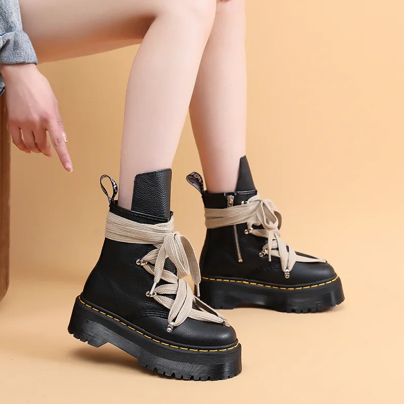 Lychee Patterned High Top Cross Strap Boots Women's Personality Short Boots With Side Zipper Leather Boots With Round Toe