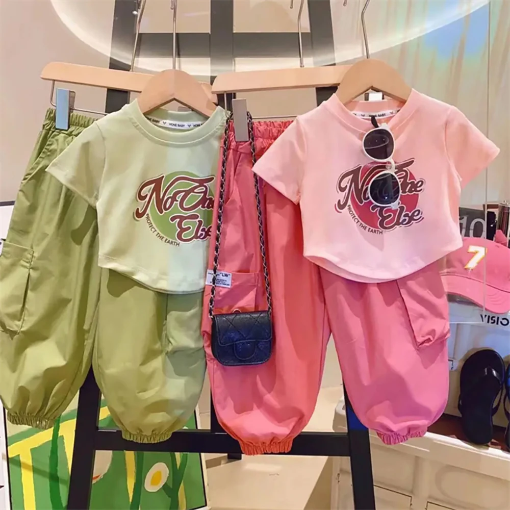 

Summer Kids Baby Clothes Sets Casual Loose Letter Print Girls T-shirts+Cargo Wide Leg Pants Two-Piece Suit Children Clothes 1-8Y