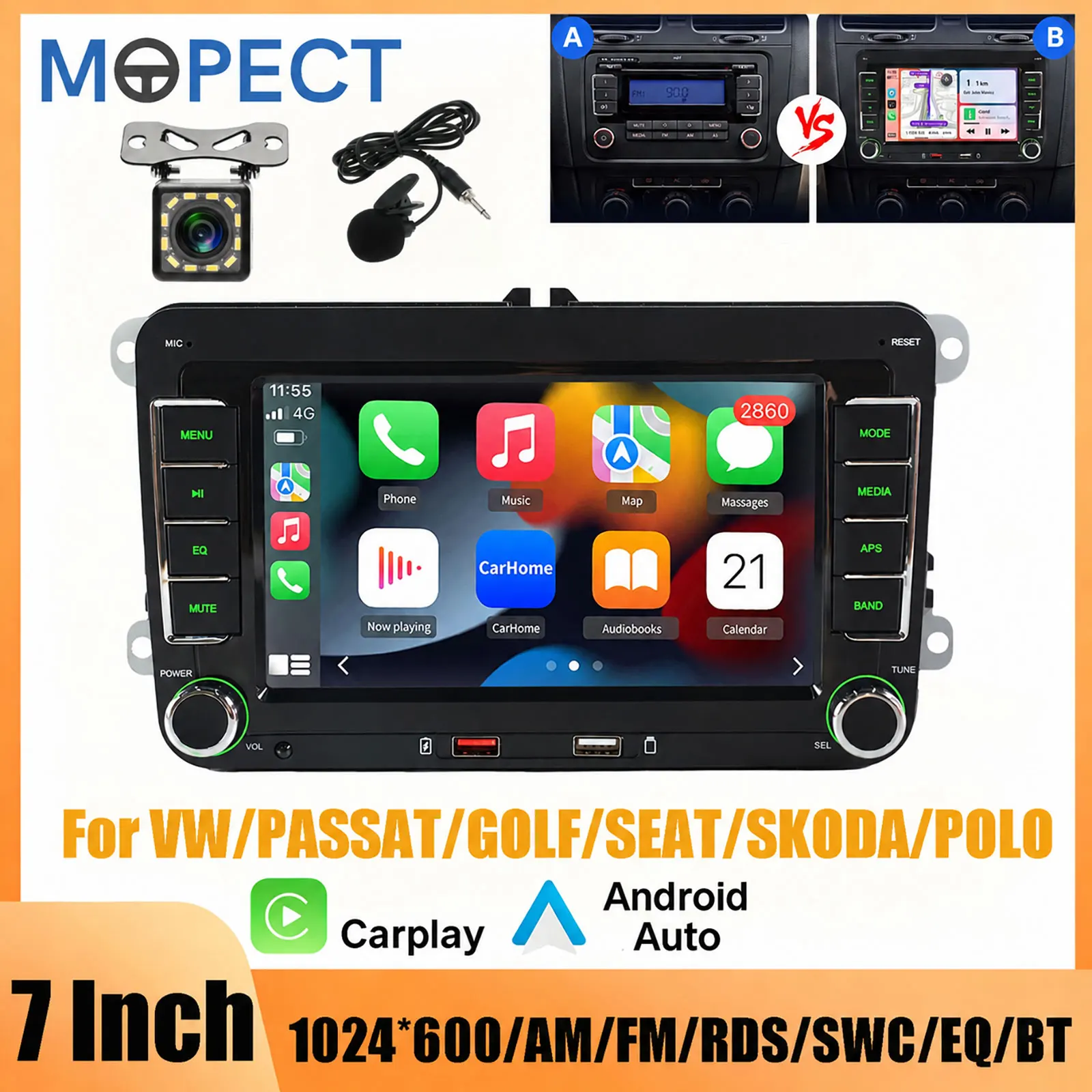 MOPECT 7'' Autoradio für VW/PASSAT/GOLF/SEAT/SKODA/POLO Kabelloses Carplay Android Auto Radio Head Unit Intelligentes System Multimedia-Player BT SWC AM FM RDS EQ SWC Kamera & Mikrofon