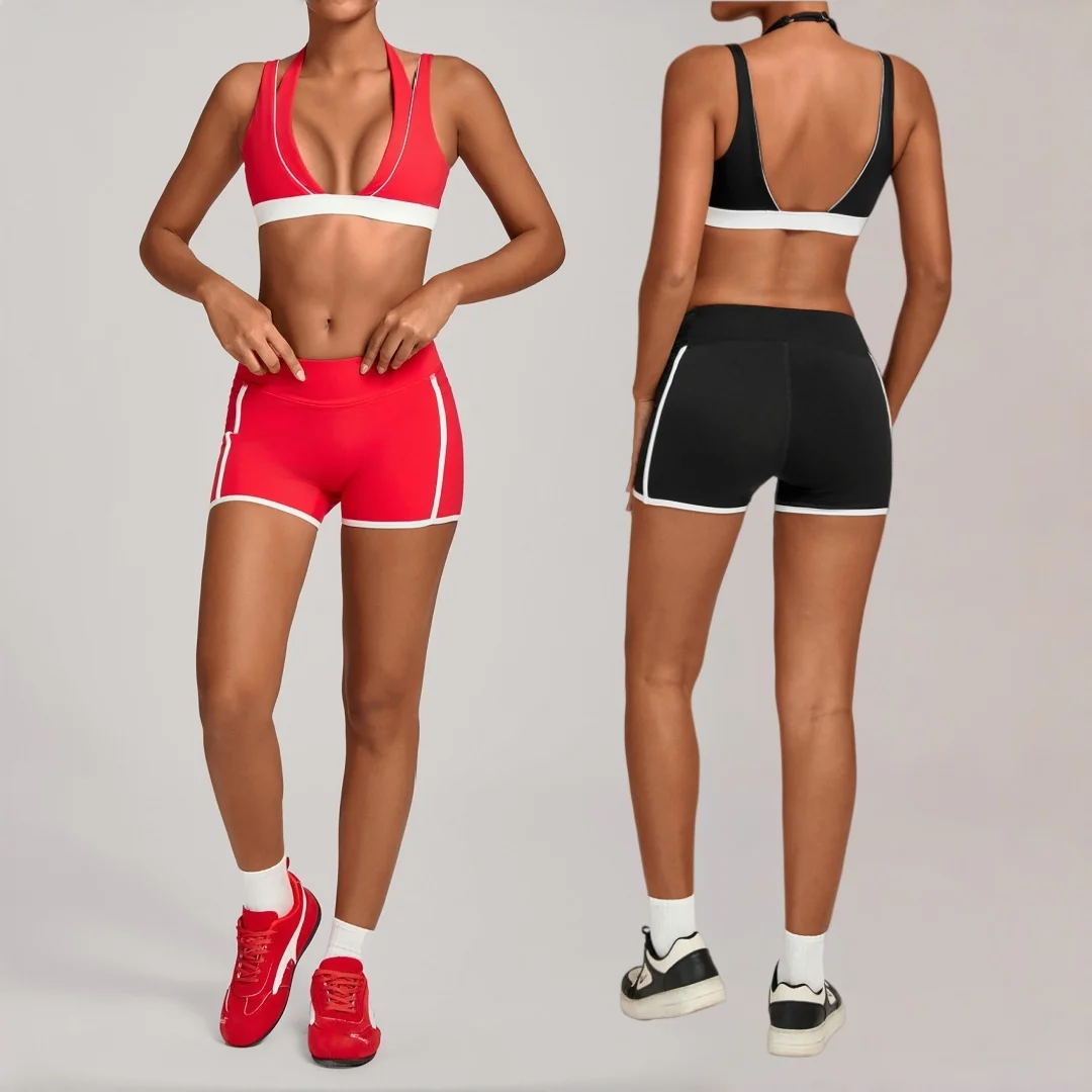 

New Women's Color-Block Tight Yoga Set High-Waist Peach Hip Pocket Sports Fitness Suit Outdoor Running Gym Yoga Two-Piece Set