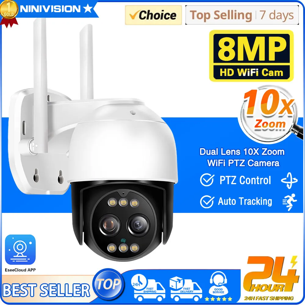 8MP 4K PTZ Wifi IP Camera Cloud 10X Digital PTZ Zoom CCTV Security Camera Outdoor AI Human Detect Auto Tracking Wireless Camera