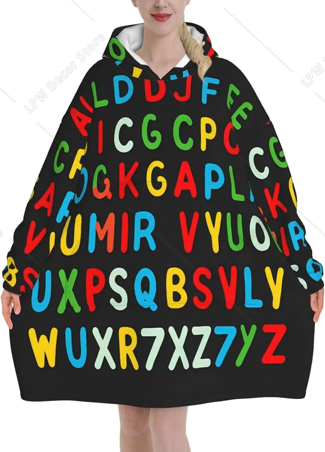 Colorful Alphabet Wearable Blanket Hoodie Letter Education Oversized Sweatshirt Blanket Cozy Warm Sherpa Hooded Blanket