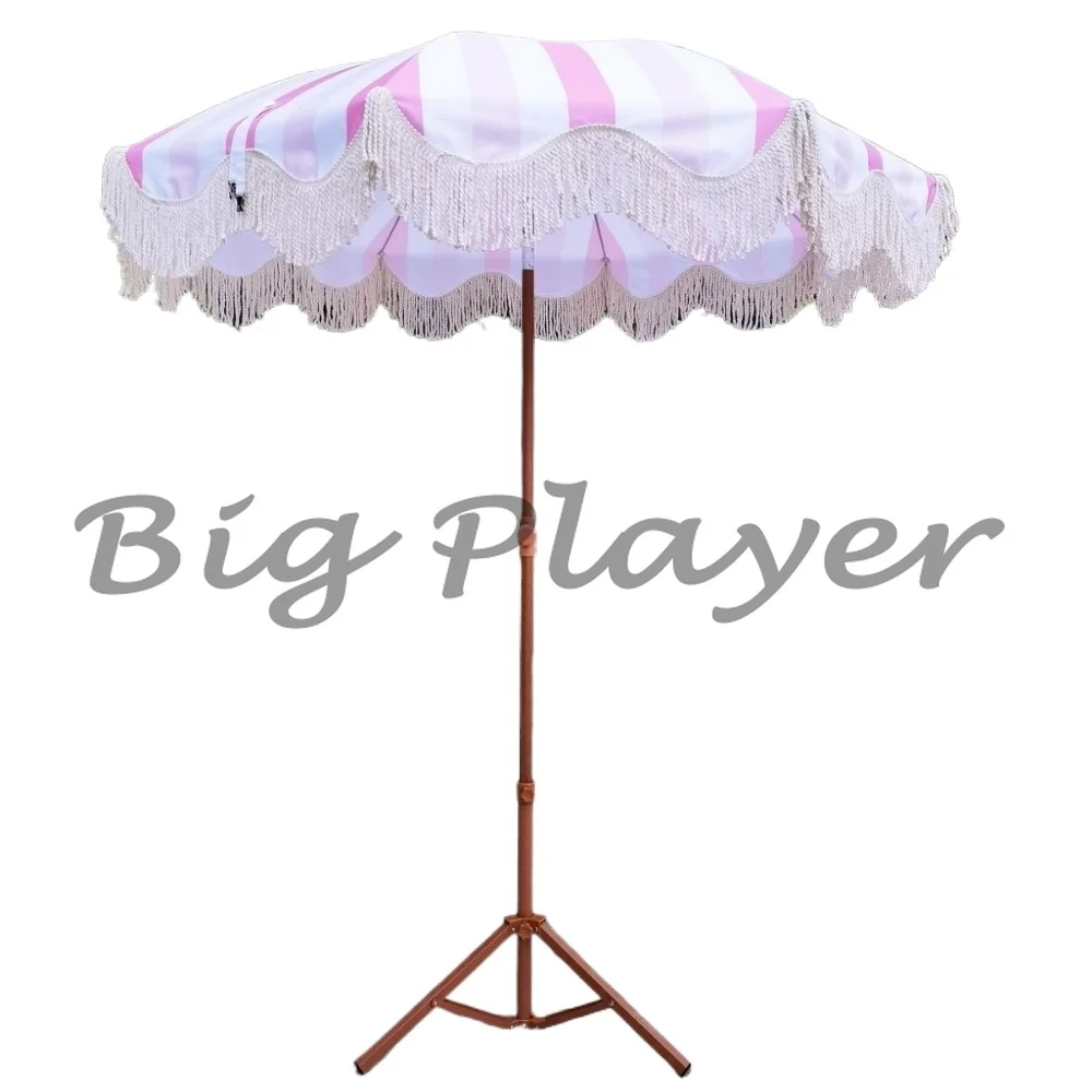 New striped beach umbrella Garden courtyard Sun umbrella Pool Pastoral vacation Outdoor shading Tassel umbrella