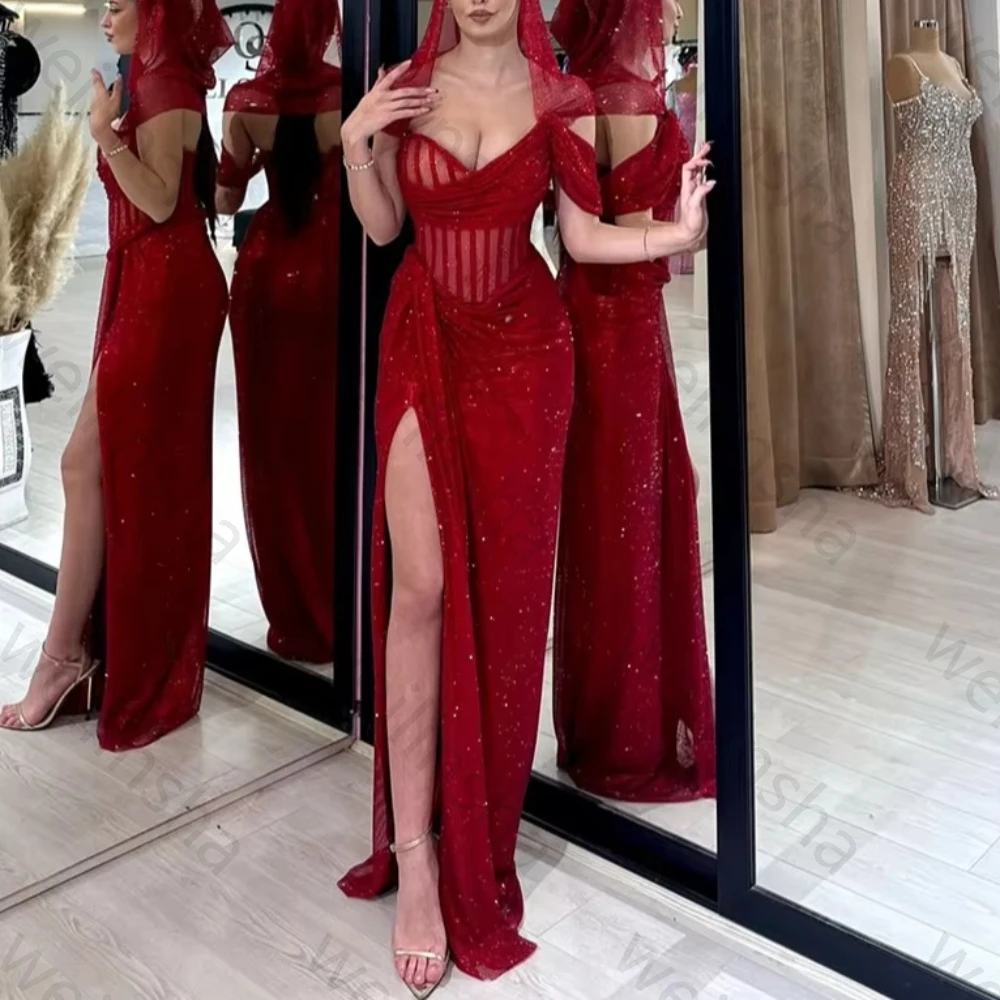 

Elegant V-neck Short Sleeves Evening Dresses Sexy Side Slit Long Dress Exquisite High Quality Prom Party Gowns Women Customized